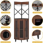 COCO DESIGN Corner Wine Cabinet with Lockable Glass Door & LED Light, 4-Tier Liquor Bar Unit, Modern Farmhouse Home Bar for Living Room, 2 Wine Racks & 2 Glass Display Trays, Walnut