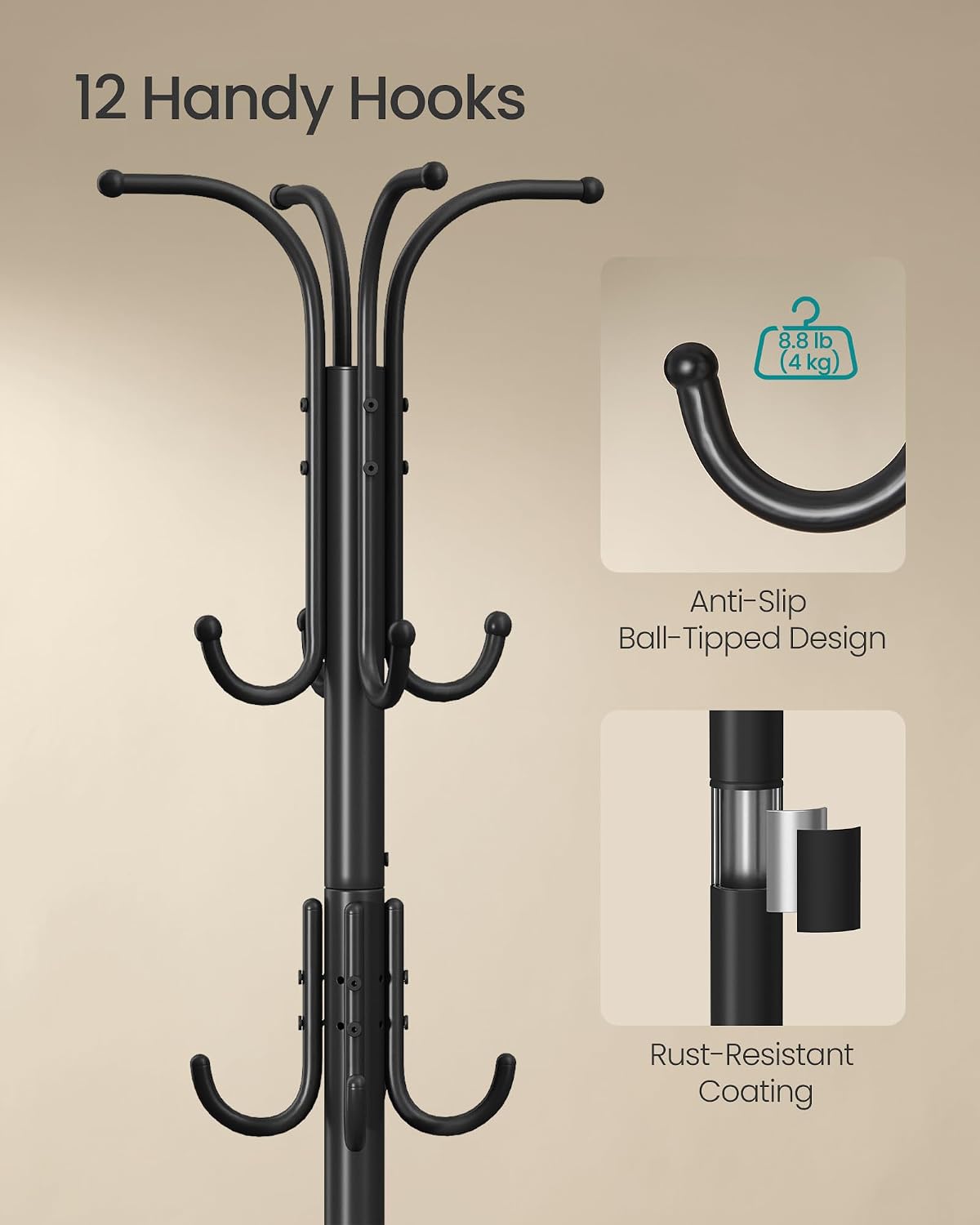 SONGMICS Coat Rack Freestanding Metal Coat Rack Stand with 12 Hooks | Coat Rack with Umbrella Holder, Ink Black, URCR011B01V1