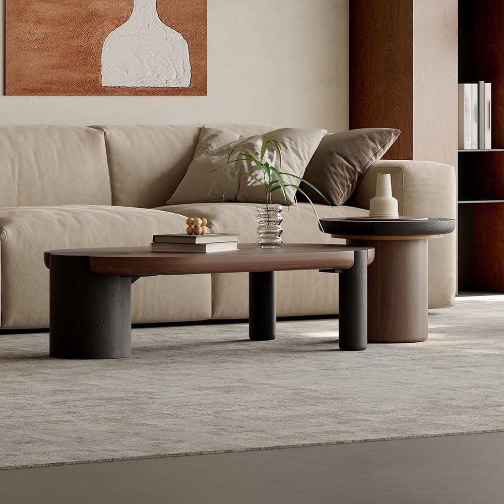 Mobile Side Table Modern Wooden Nesting Coffee Table Set Oval & Round Living Room Office Contrast Finish