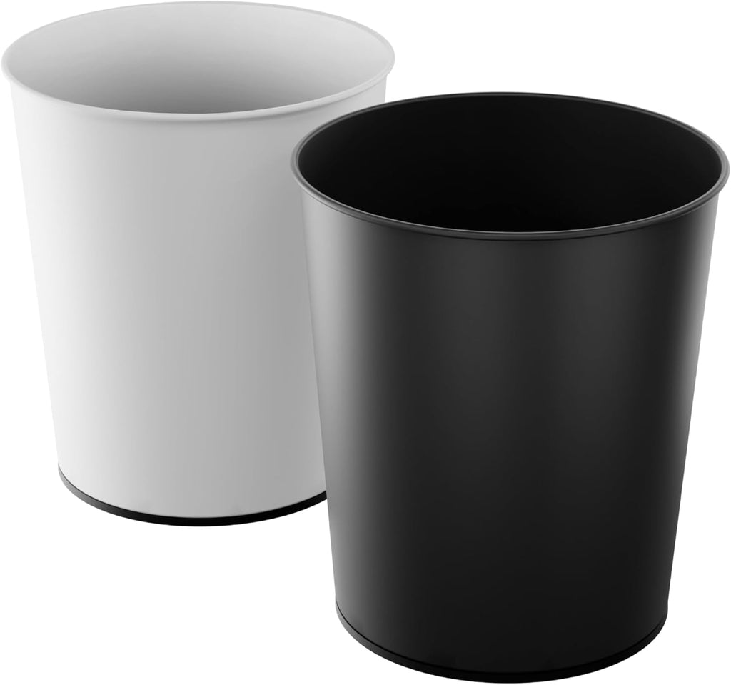 Home Zone Living 1.5 Gallon Round Open Top Wastebasket, Stainless Steel, Matte White and Matte Black Color Set, 2 Pack with Trash Bags