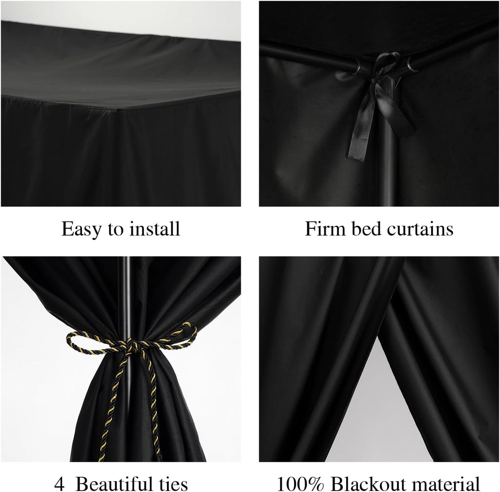 Black Canopy Bed Curtains - 4 Corner Post Bed Curtains Queen Lightproof Siamesed Drapes Bed Canopy for Adults & Girls Bedroom Decoration(Black,Queen)