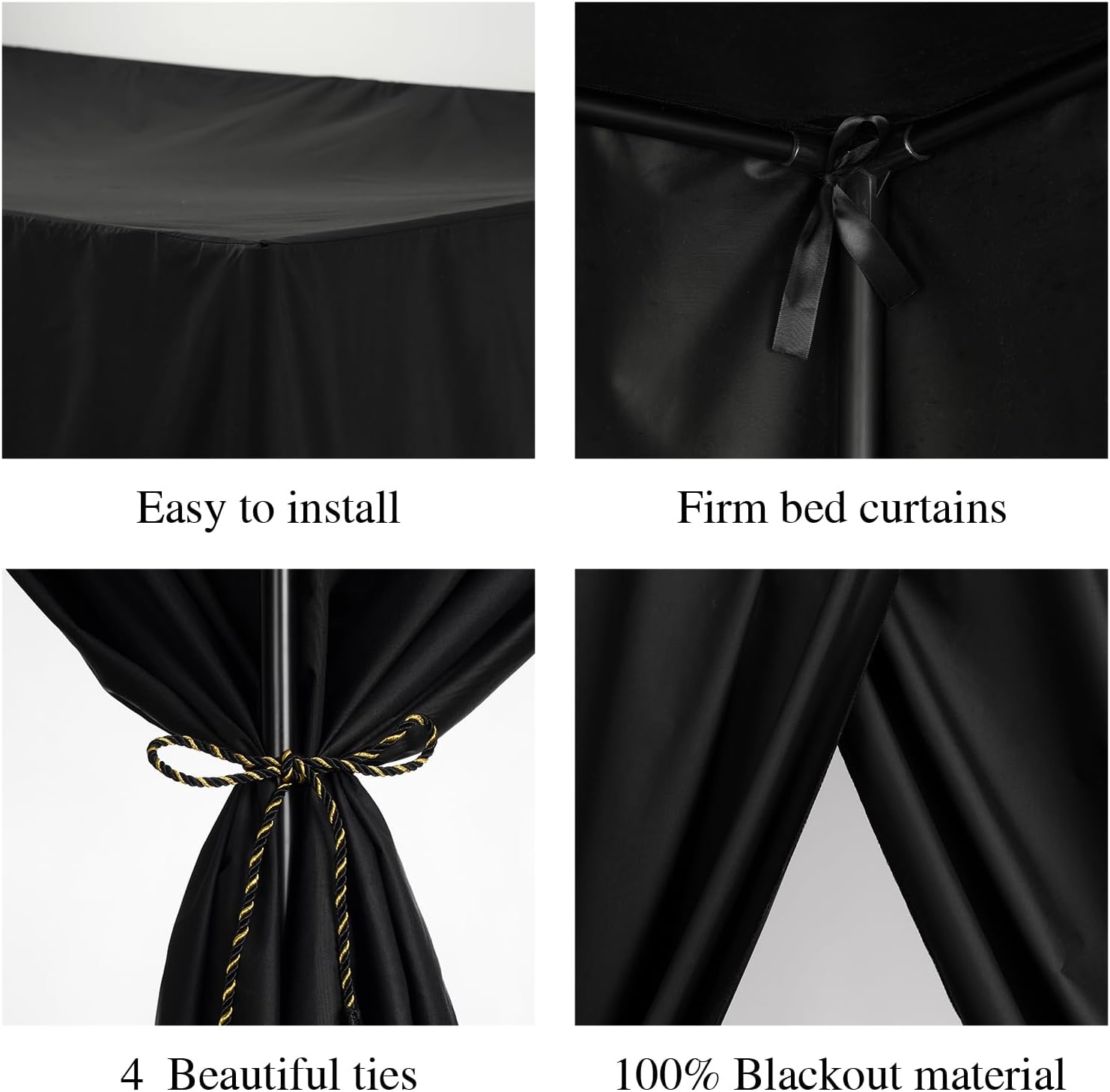 Black Canopy Bed Curtains - 4 Corner Post Bed Curtains Queen Lightproof Siamesed Drapes Bed Canopy for Adults & Girls Bedroom Decoration(Black,Queen)
