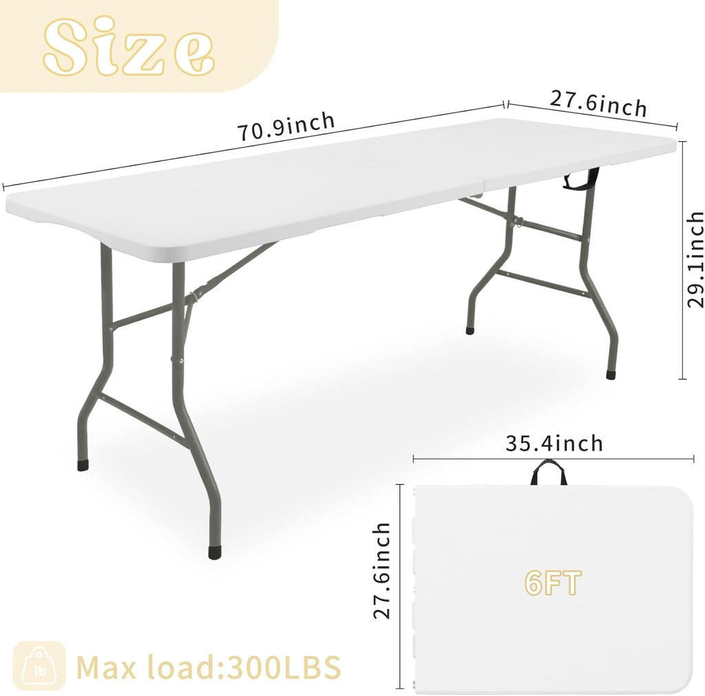 Set of 2 Folding Table 6 FT Lightweight Camping Table White Portable Plastic Rectangular Outdoor Dining Table Steel Legs Fold-in-Half with Carrying Handle for Indoor,Picnic,Party,Wedding,Events