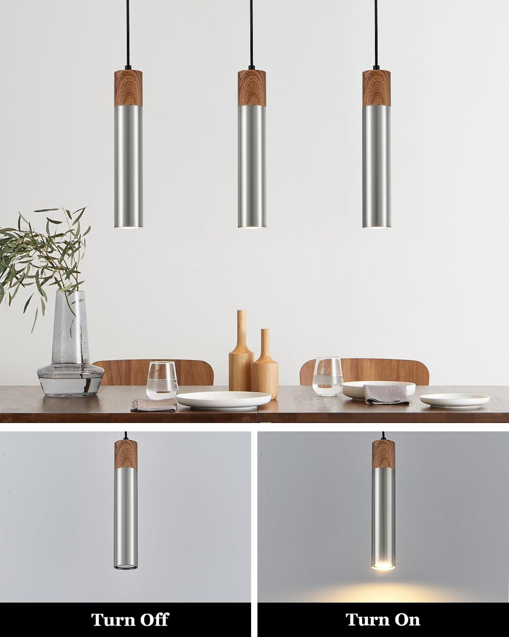ELYONA Modern Pendant Light for Kitchen Island, Brown Wood Grain & Brushed Nickel Metal Bauhaus Long Tube Hanging Light Fixture for Dining Room, Bedroom, Adjustable Height, GU10 LED Bulb Included