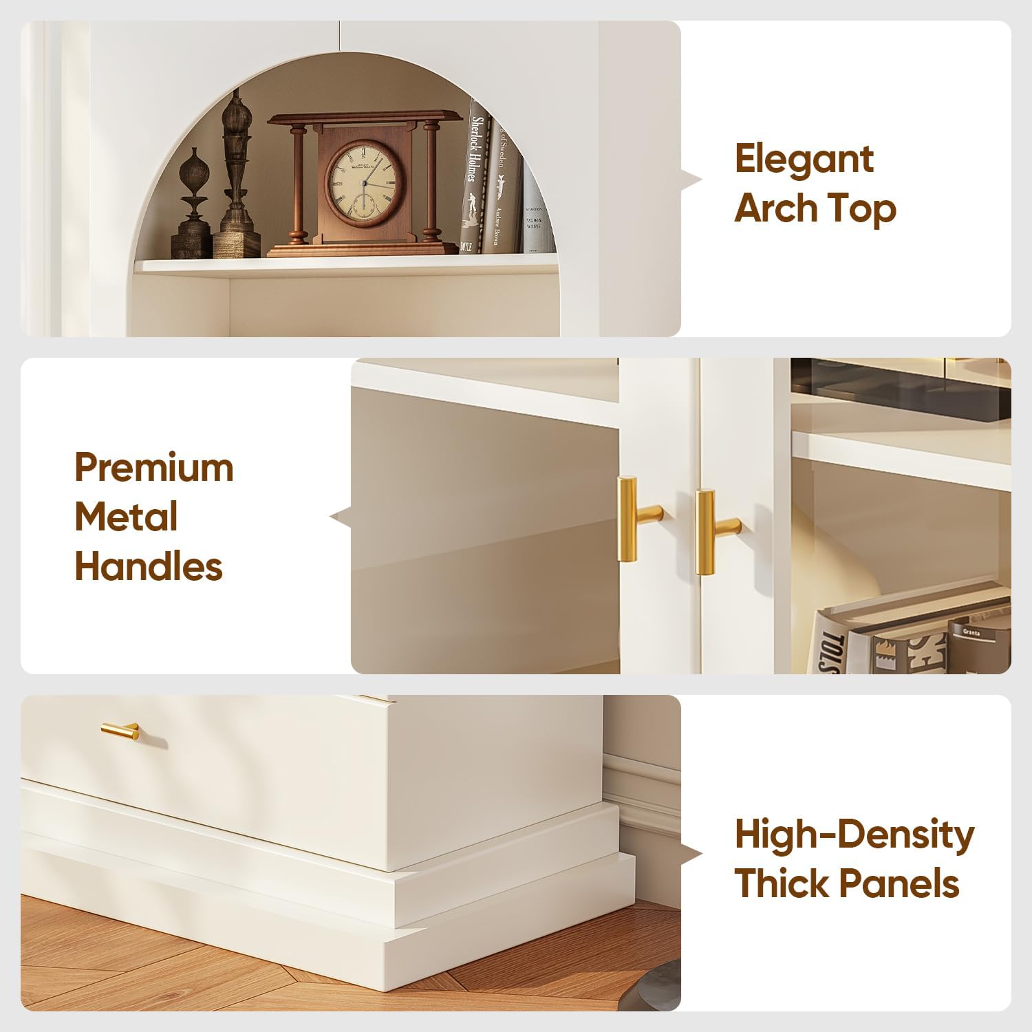 71" Arched Kitchen Cabinet, Double Glass Door Display and Storage Cabinets with Drawers, Modern Pantry for Dining Room and Living Room, White with Gold Handles, 2 of Set