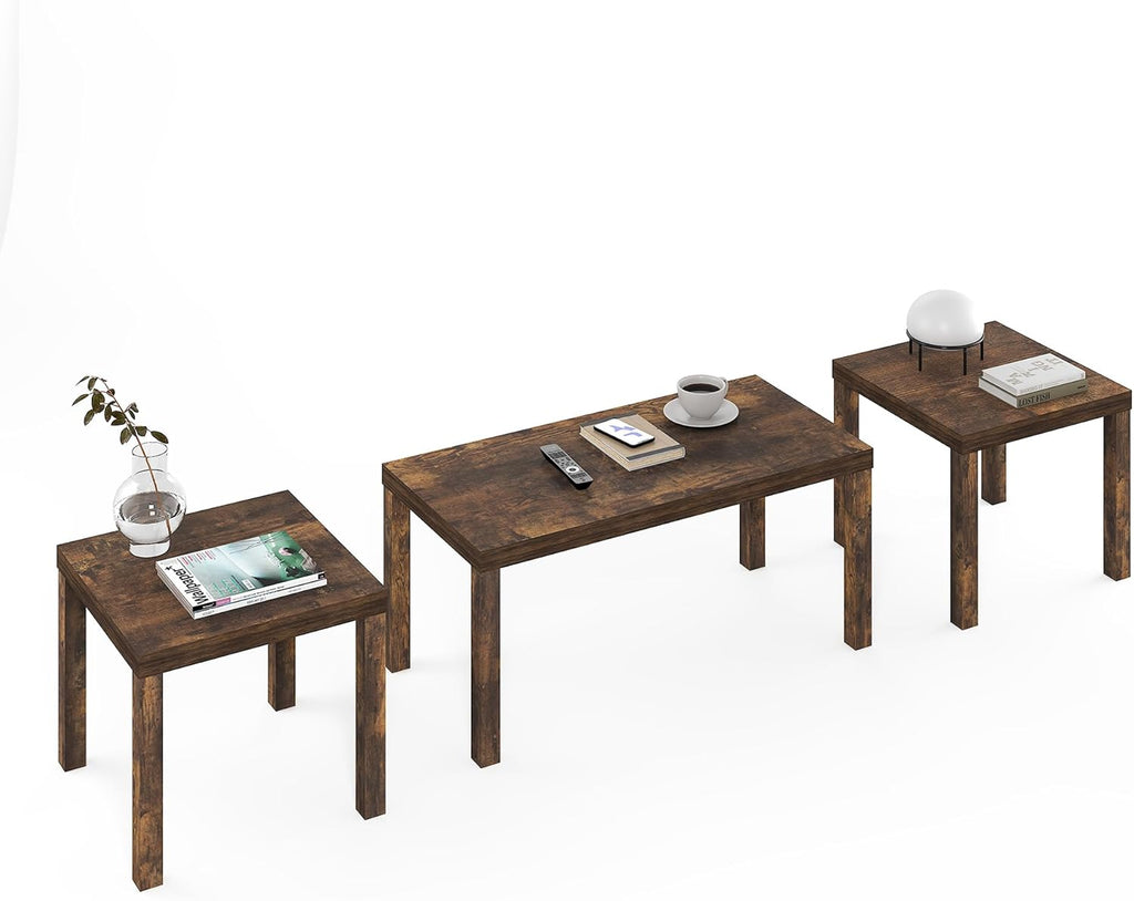 Furinno Classic Living Room Table Set of 3, Modern Rectangle Coffee Table with 2 Square Side Tables, End Tables, 1.8 Inch Thick Tabletop for Living Room, Home Office, Amber Pine