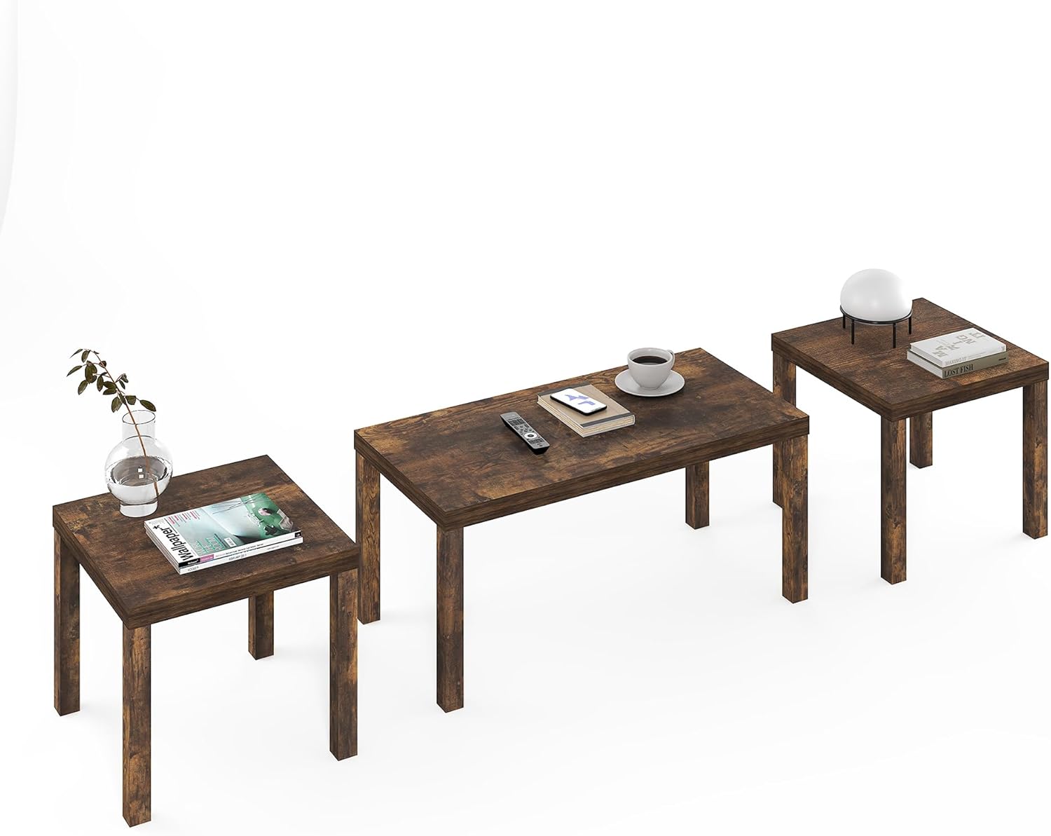 Furinno Classic Living Room Table Set of 3, Modern Rectangle Coffee Table with 2 Square Side Tables, End Tables, 1.8 Inch Thick Tabletop for Living Room, Home Office, Amber Pine