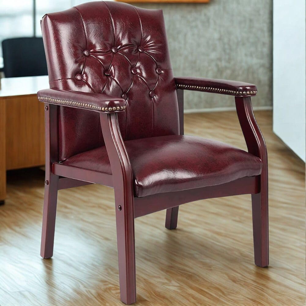 Ivy League Set of 2 Executive Guest Chair in Burgundy Vinyl Wood Frame Office Visitor Dual Chair with Mahogany Finish Comfortable Reception Seating for Office or Waiting Room