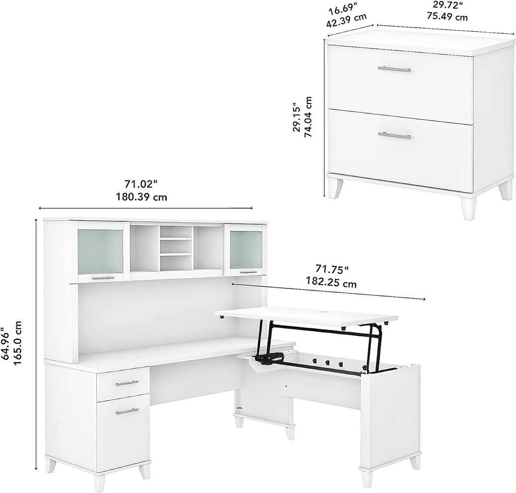 Bush Home Somerset 72W 3 Position Sit to Stand L Shaped Desk with Hutch and File Cabinet in White