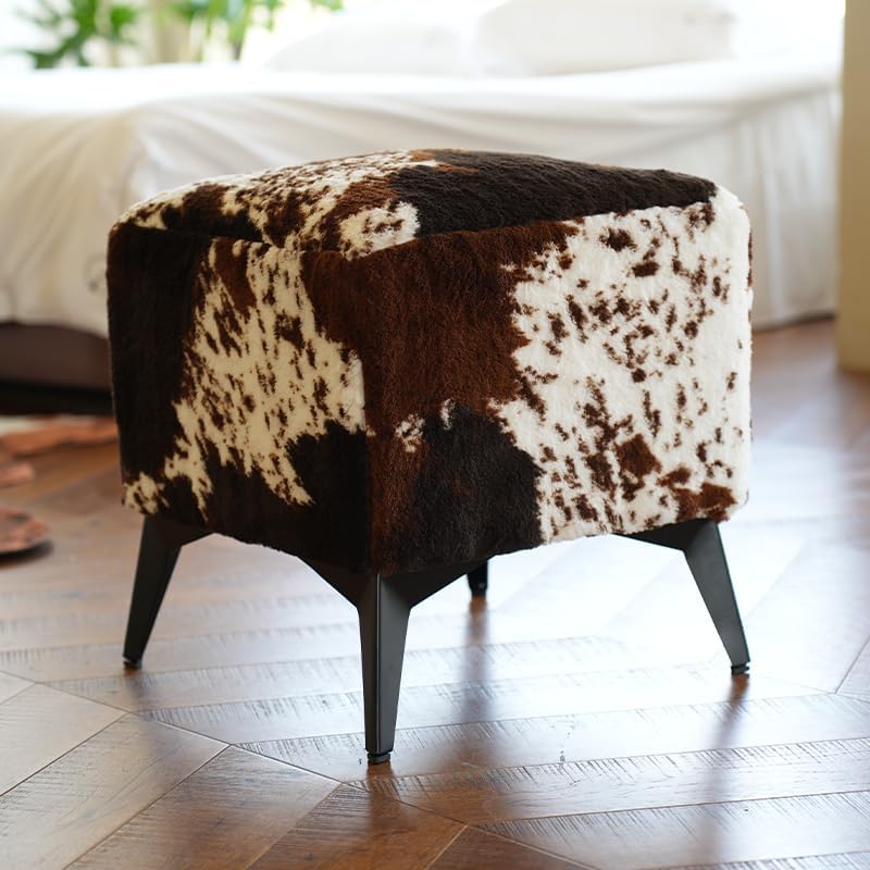 Faux Cowhide Ottoman, Upholstered Foot Stool - 16 x 16 x 17 Inches, Cube Footrest with Solid Metal Legs for Living Room, Bedroom & Entryway(Tricolor)