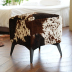 Faux Cowhide Ottoman, Upholstered Foot Stool - 16 x 16 x 17 Inches, Cube Footrest with Solid Metal Legs for Living Room, Bedroom & Entryway(Tricolor)
