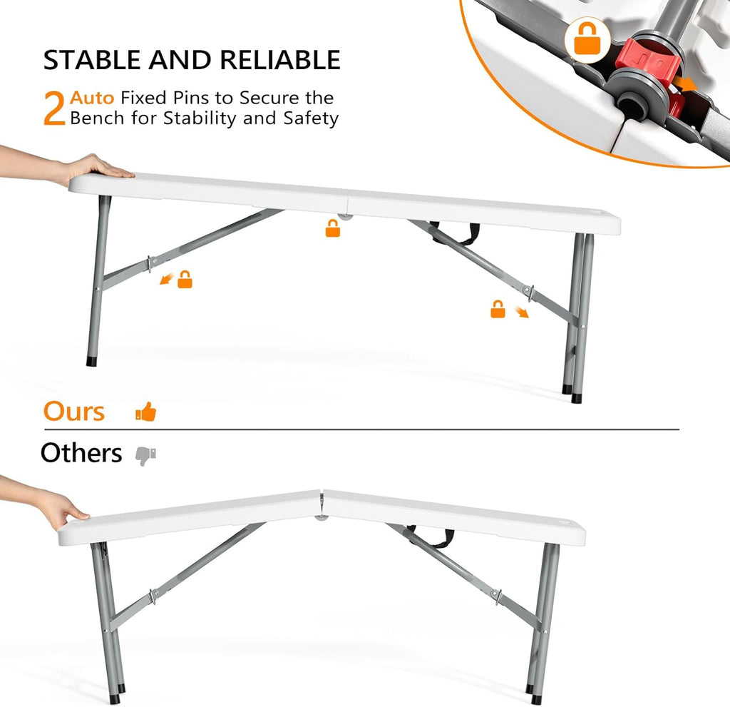 VINGLI 4 feet Plastic Folding Bench,Portable in/Outdoor Picnic Party Camping Dining Seat, Garden Soccer Multipurpose Entertaining Activities, Smooth HDPE Tabletop (2, White, 4ft)