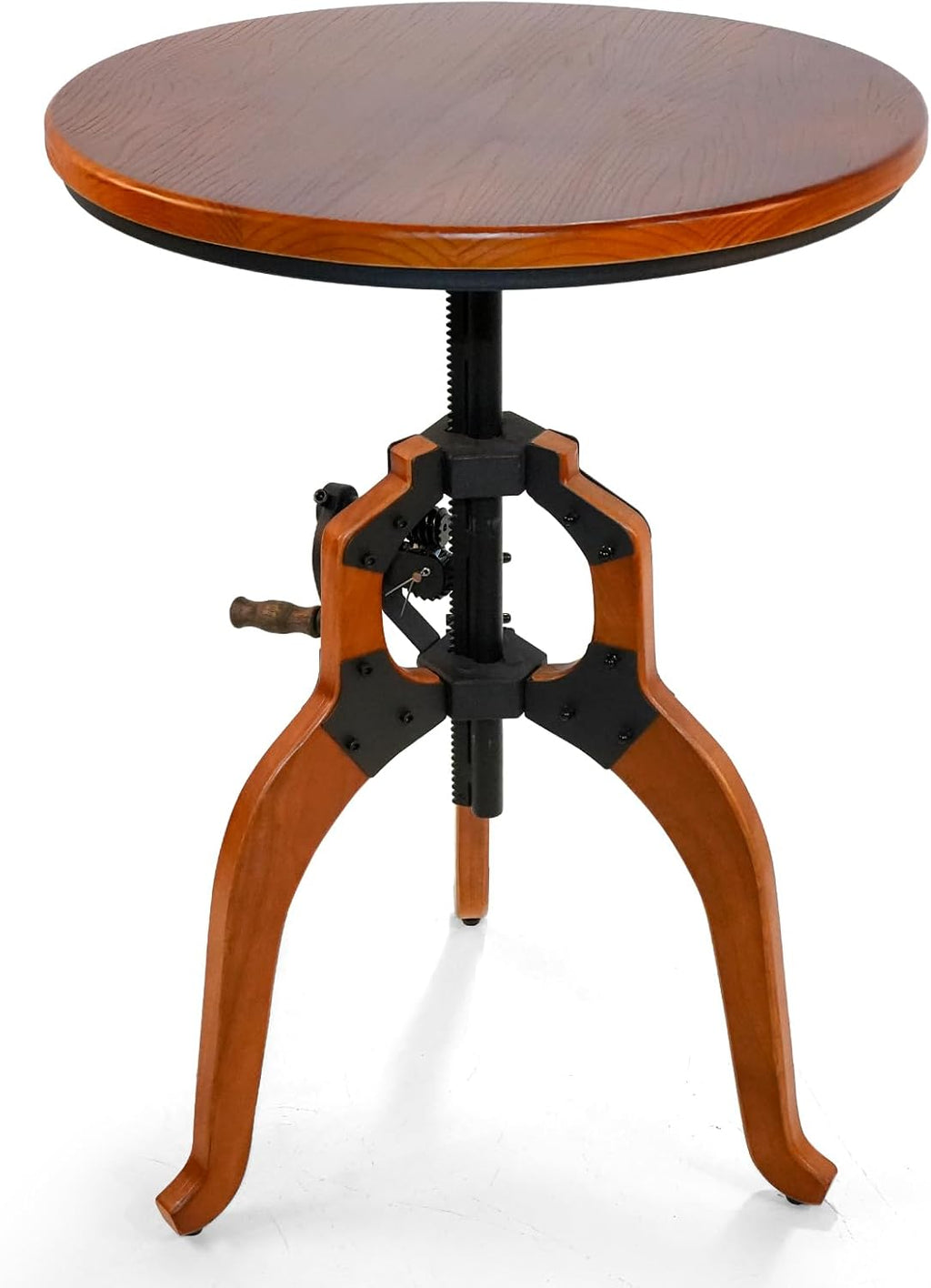 LOKKHAN Industrial Vintage Side Table, 23.62" Solid Wood Round Tabletop, 26-31.9" Height Adjustable with Lift Rocker Mechanism, Sturdy Shaft & Triangular Wood Base, Multi-Functional