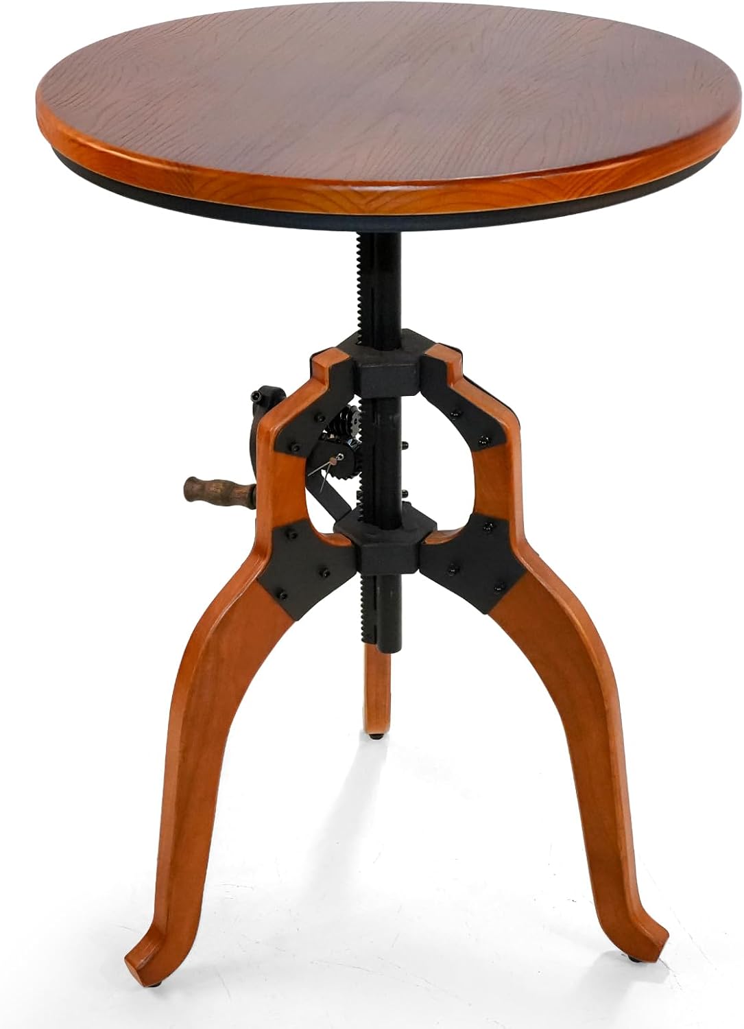 LOKKHAN Industrial Vintage Side Table, 23.62" Solid Wood Round Tabletop, 26-31.9" Height Adjustable with Lift Rocker Mechanism, Sturdy Shaft & Triangular Wood Base, Multi-Functional