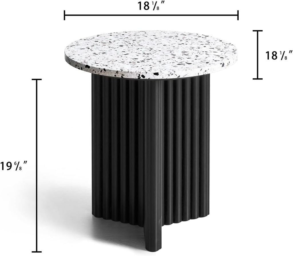 Modern Fluted Side Table, Stone End Table with Terrazzo Top & Black Fluted Ash Wood Base, 18.1" Accent Table for Living Room, Bedroom or Couch Side