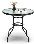 VINGLI Round Patio Table with Umbrella Hole, 32" Outdoor Dining Table Steel Tempered Glass Patio Tables Round Outdoor Tables for Balcony Garden Deck