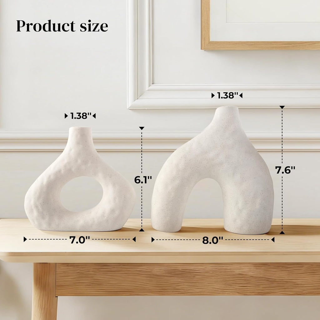 DOWAN Ceramic Vase Set of 2, 7.6" Decorative Pampas Vase for Home Decor, Modern Farmhouse Pottery Vase for Living Room Coffee Table Kitchen Bedroom Desk Entryway Mantel Book Shelf, Soft White
