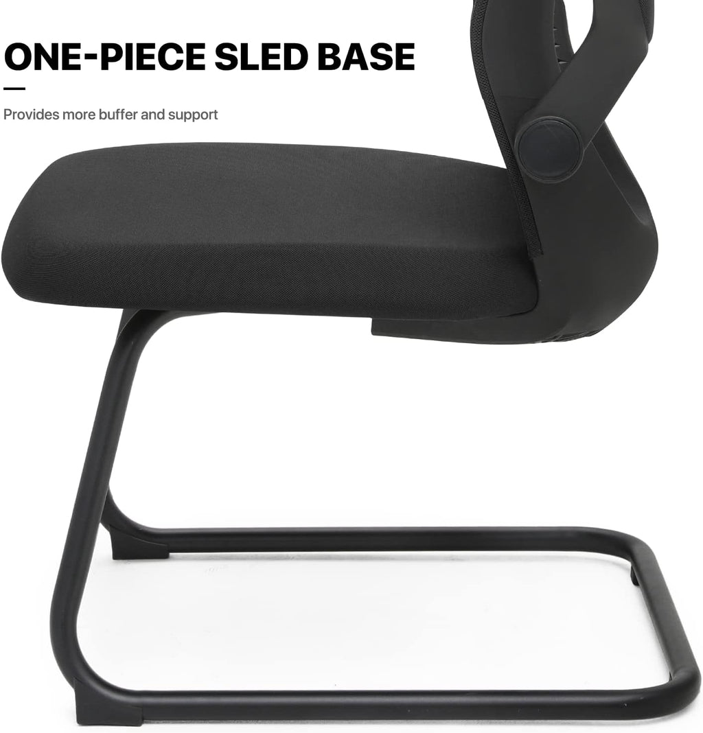 MoNiBloom Office Guest Chair Without Wheels, Executive Reception Chair with Lumbar Support and Sled Base, Mid-Back Mesh Task Chair with Flip-Up Arms for Reception Conference Wait Room, 250 LBS, Black