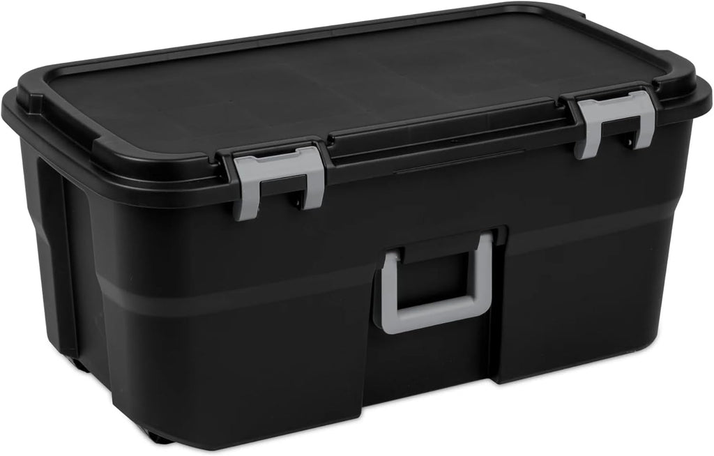 22 Gallon Large Rolling Footlocker, Heavy Duty Plastic Storage Trunk with Wheels and Lockable Handle, Black, 31" x 18" x 14"