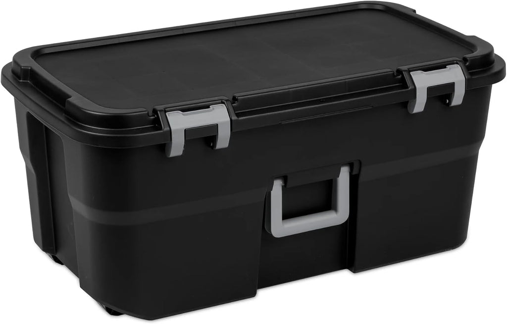 31.4" Black Plastic Storage Footlocker - Heavy-Duty Trunk with Wheels & Lockable Latches - for Camping, College Dorms & Home Organization