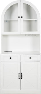 75" Farmhouse Tall Arched Pantry Cabinet with Charging Station, White | Adjustable Shelves, Open Countertop, Barn Door Lower Cabinet, Tempered Glass Display – Versatile Storage for Kitchen