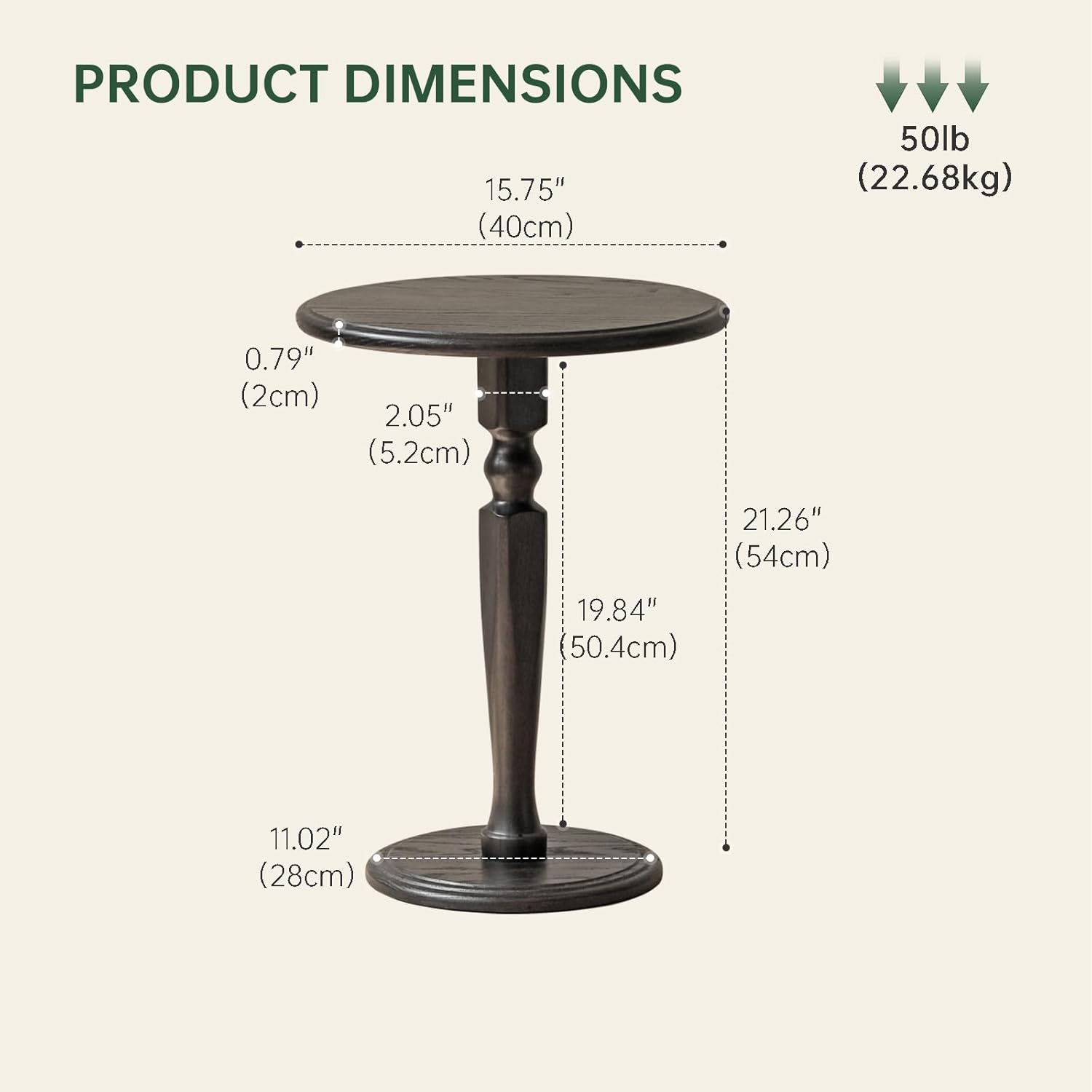 Solid Wood Round Side Table, Small Drink Table for Small Places, Accent Table with Stable Pedestal for Living Room, Bedroom, Corners, and Nursery (Black, 15.75" D x 15.75" W x 21.26" H)