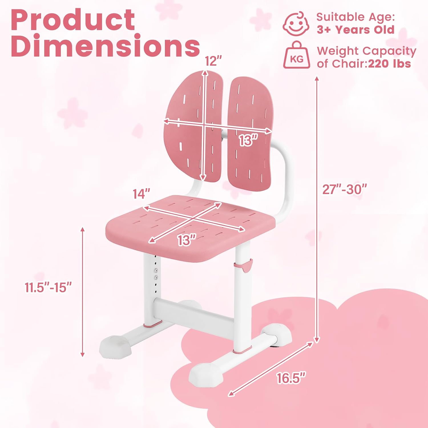 Costzon Kids Desk Chair, Height-Adjustable Study Chair w/Breathable Seat, Double Back Support & Heavy Duty Metal Frame for 3+ Years Old Students Boys & Girls (Pink)