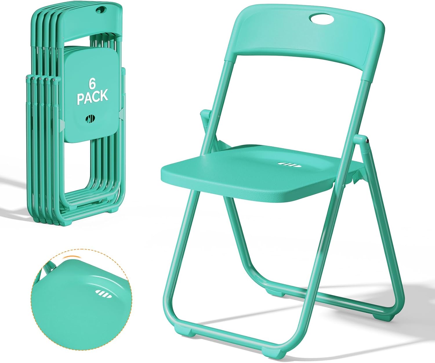 VINGLI Mint Green Plastic Folding Chairs Lightweight 6 Pack for Outdoor & Indoor, Portable Stackable Commercial Seat with Metal Frame for Events, Dinning, Wedding, Party, Office, Camping