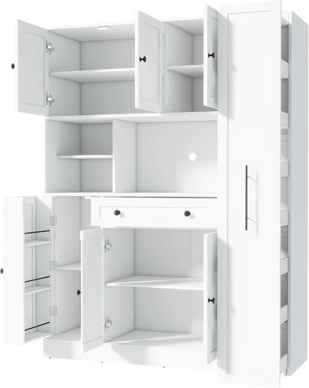 Farmhouse Freestanding Kitchen Pantry with Pull-Out Side Cabinet, Door Shelves and Drawer, Large Buffet Sideboard Cupboard for Dining Room (White)