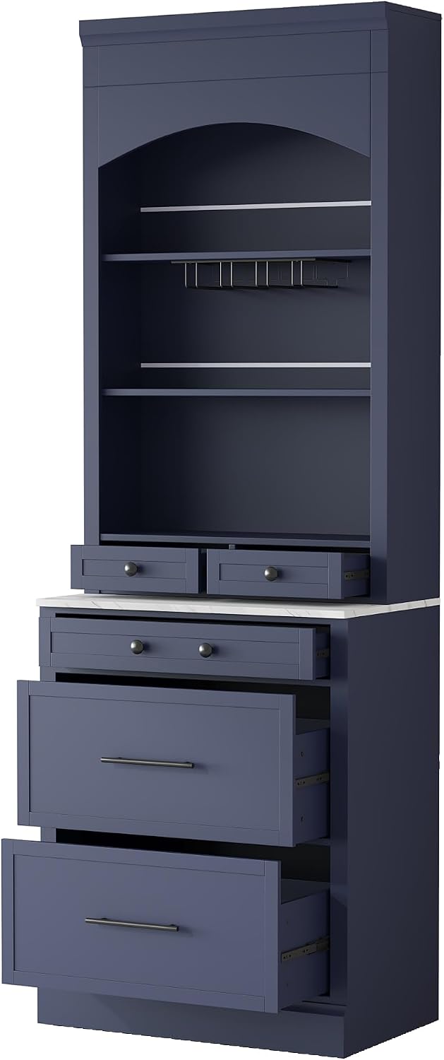 LUMISOL 83.7" Freestanding Tall Kitchen Pantry with 5 Drawers and Glass Holders, Modern Kitchens Storage Cabinet with Adjustable Shelf and Faux Marble Top, Wooden Kitchen Hutch, Blue