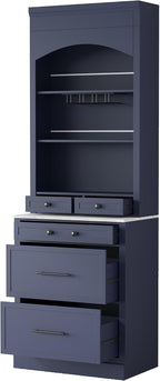 LUMISOL 83.7" Freestanding Tall Kitchen Pantry with 5 Drawers and Glass Holders, Modern Kitchens Storage Cabinet with Adjustable Shelf and Faux Marble Top, Wooden Kitchen Hutch, Blue