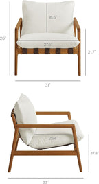 Modway Nomi Teak Wood Outdoor Sling Accent Chair in Natural White - Faux Leather Vegan Patio Armchair with Removable Cushioned Upholstery