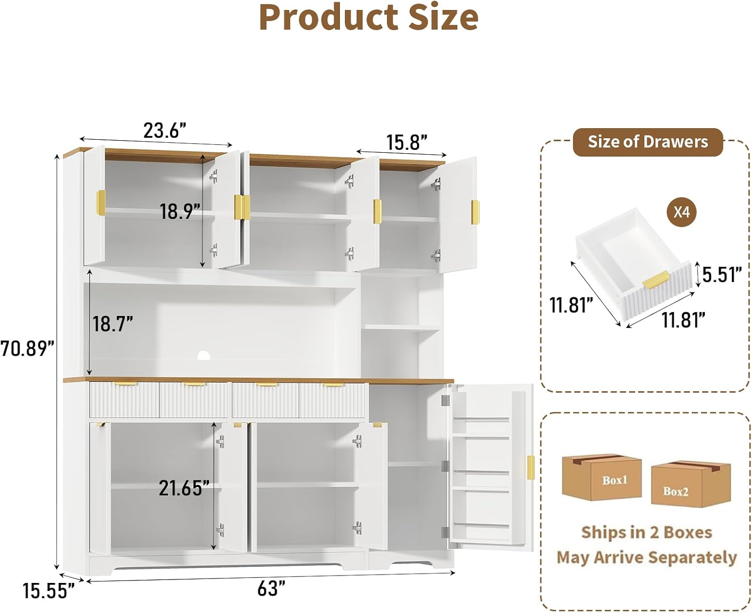 63" Kitchen Storage Cabinet with LED Light & Charging Station, Pantry Cabinet with Fluted Doors & Gold Handles, Hutch with 4 Drawers & Adjustable Shelves, Coffee Bar Cabinet for Dining Room, White