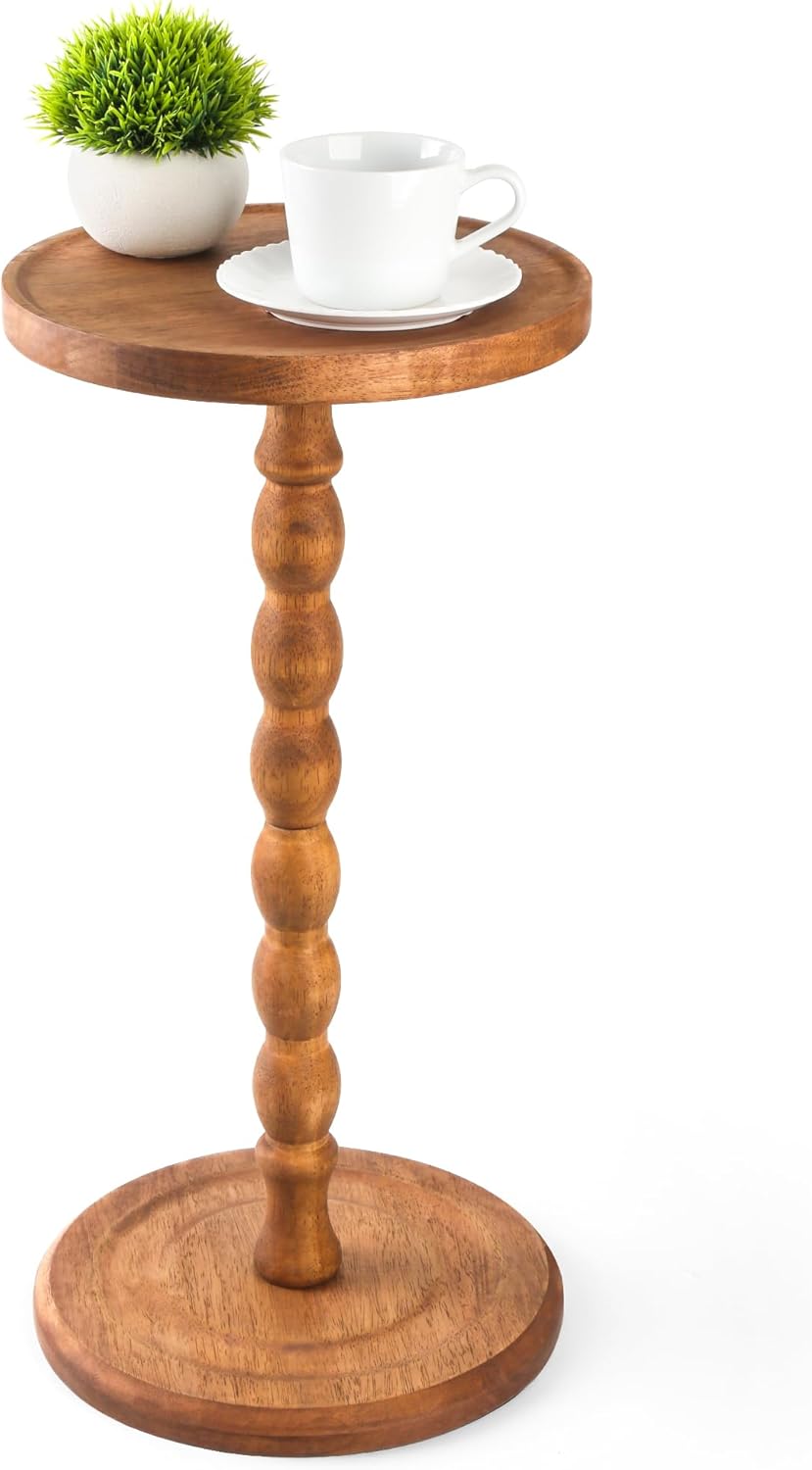 Round Side Table, Rubberwood Small Drink Table, Solid Wood Coffee Table with Pedestal Accent for Small Spaces in Living Room, Bedroom, Sofa Couch, Corners (Brown, Round)