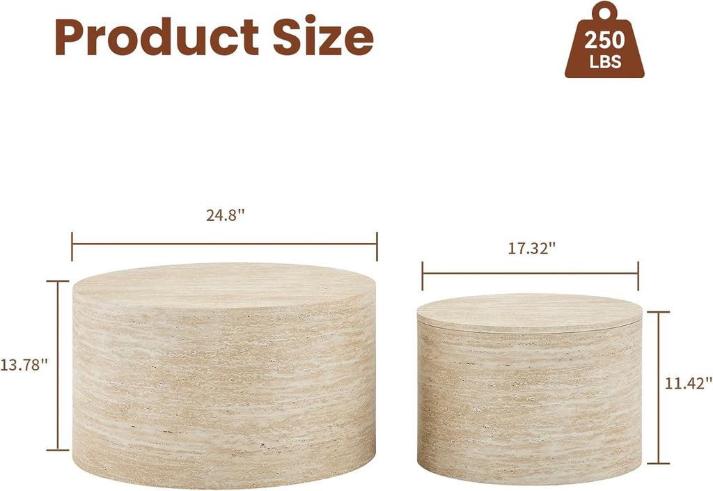 LKTART Round Nesting Coffee Table Set of 2， Modern Small Circle Coffee Table Travertine Side Table End Table Circular Coffee Tables Drum Nested Coffee Tables for Living Room