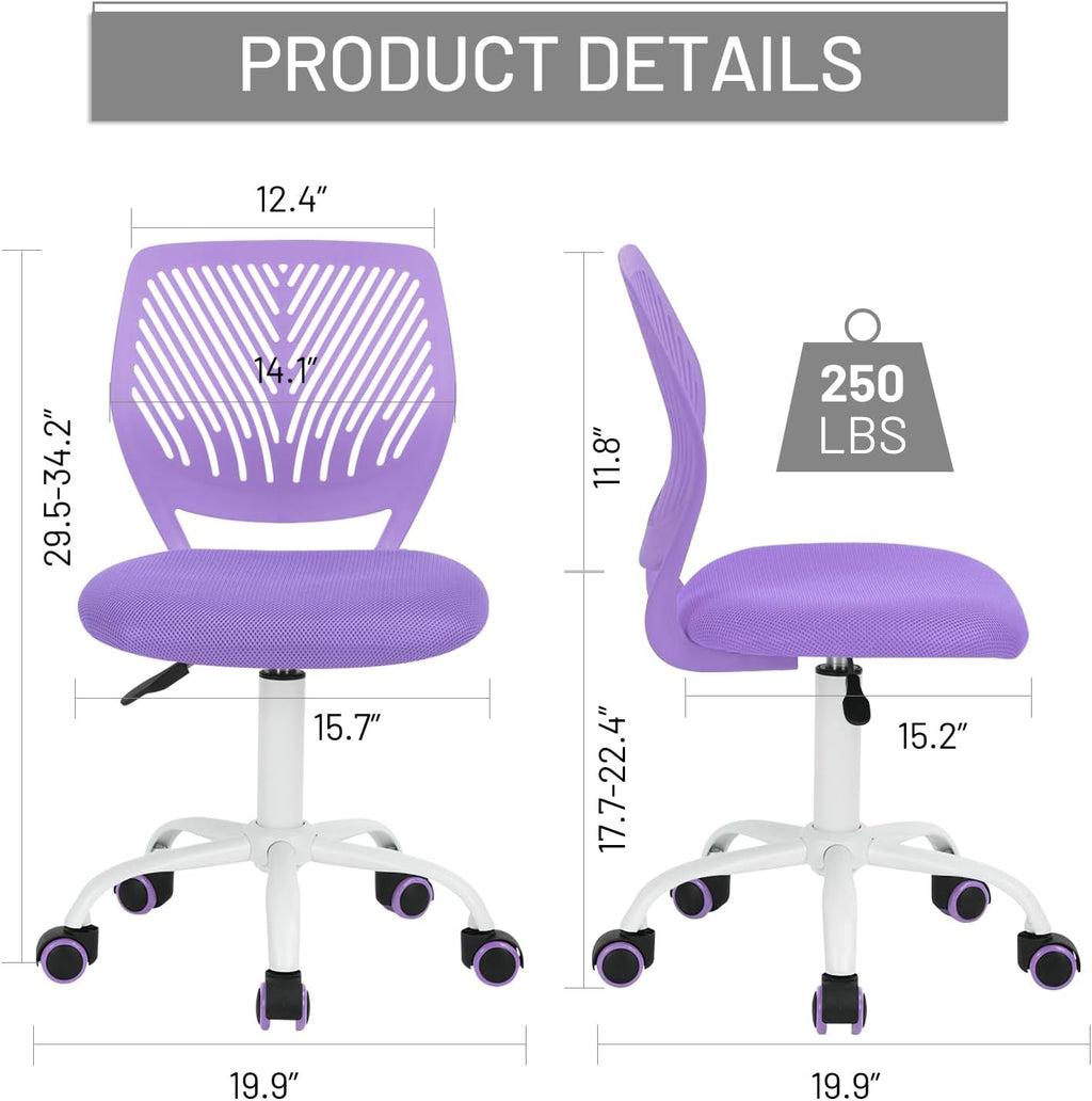 FurnitureR Purple Armless Desk Chair, Ergonomic Swivel Study Chair with Mesh Seat & Rolling Wheels, Lightweight Cute Task Chair for Creating a Cozy & Inspiring Kids’ Study Space — A Lovely Gift Choice