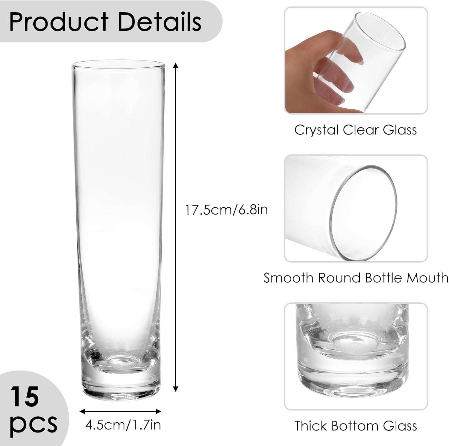 Fixwal 15 Pack Glass Cylinder Bud Flower Vases for Centerpieces Clear Small Glass Vases for Wedding Decorations,Handmade Clear Glass Vases for Party Decor,Cylinder Vases in Bulk for Home Decor