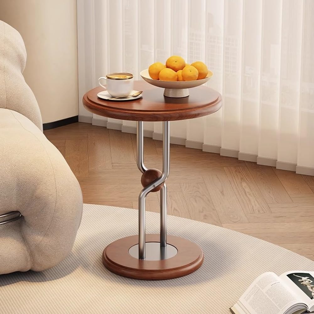 Solid Wood Coffee Table for Small Space, Stainless Steel Round Side Table, Small Round End Table for Living Room, Bedroom, Accent Table with Hourglass Leg Design(Brown)