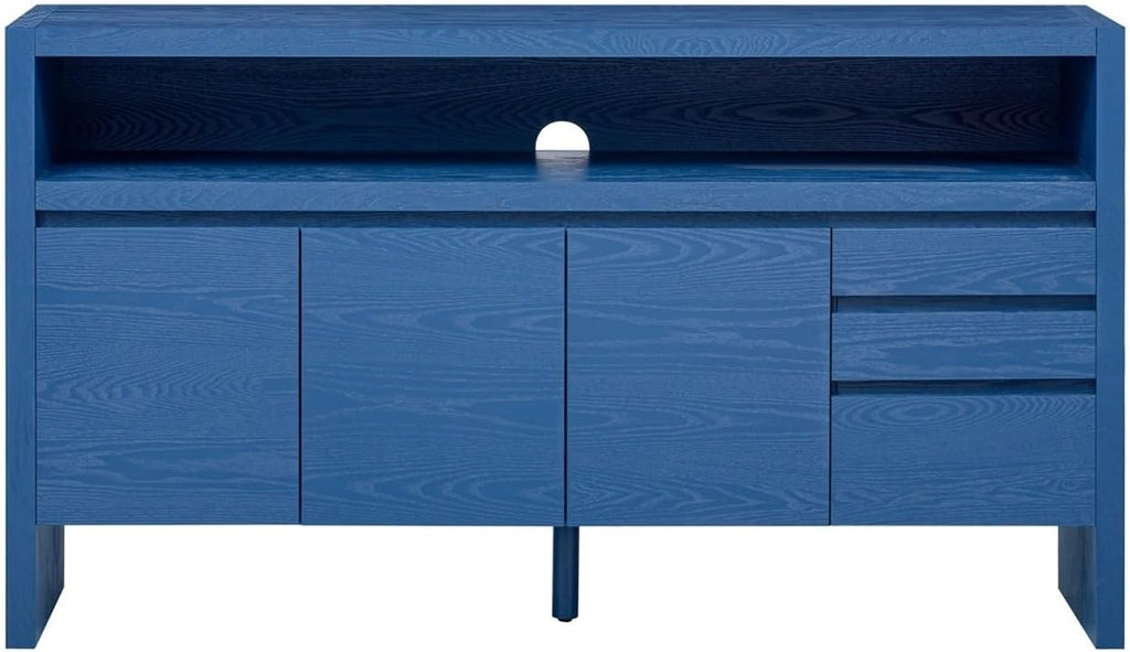 60" 3-Door Sideboard with 3 Drawers - Semi-Open Shelf & Center Semi-Circular Cutout in Back Panel, Large Storage Cabinet for Living Room, Hallway, Dining,for Kitchen