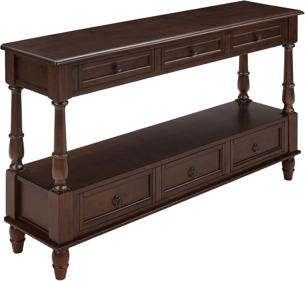 Knocbel Console Table with 6 Storage Drawers and Bottom Shelf, Vintage Sofa Table with Solid Wood Frame and Legs for Entryway Living Room, 54" W x 13.5" D x 32" H, Espresso