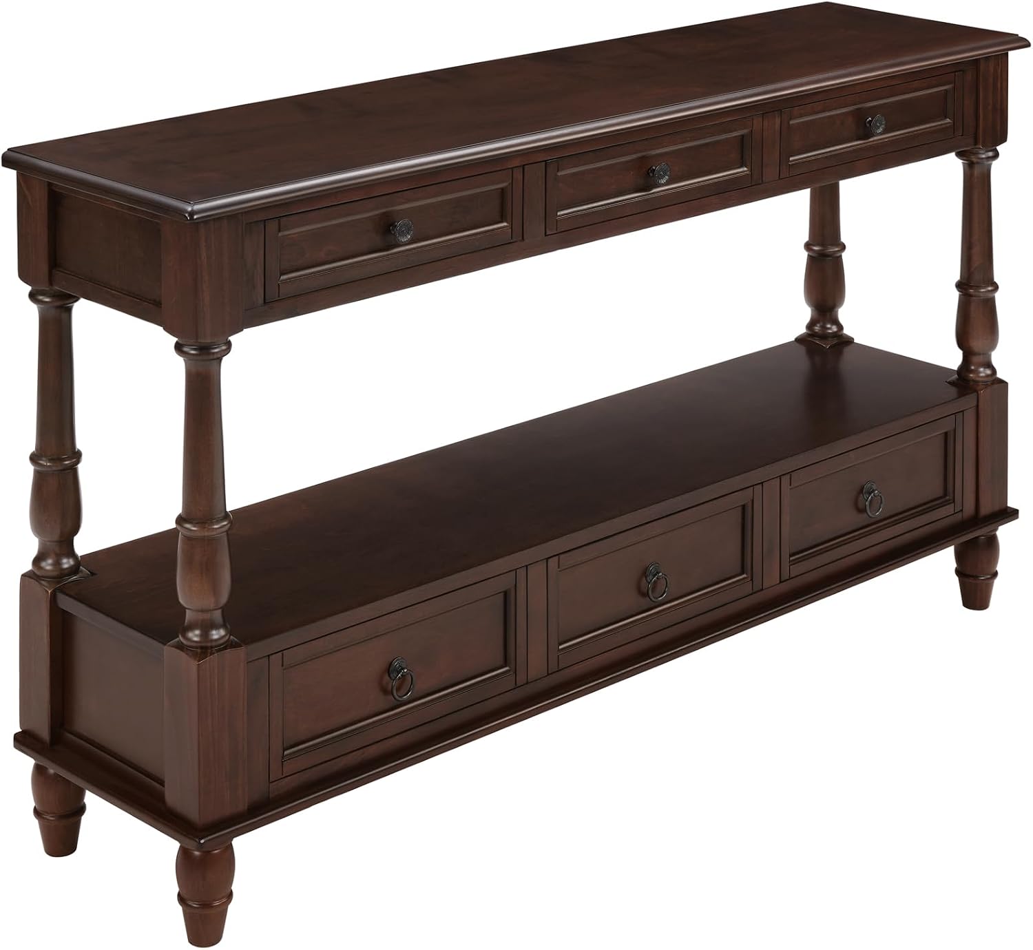 Knocbel Console Table with 6 Storage Drawers and Bottom Shelf, Vintage Sofa Table with Solid Wood Frame and Legs for Entryway Living Room, 54" W x 13.5" D x 32" H, Espresso