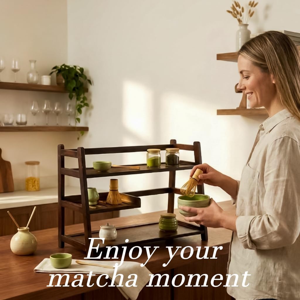 Bamboo 3-Tier Matcha Station, Coffee Organizer & Mug Display for Countertop | brown, solid bamboo structure, 3-tier storage, smooth easy-wipe surface, simple assembly, for kitchen coffee office