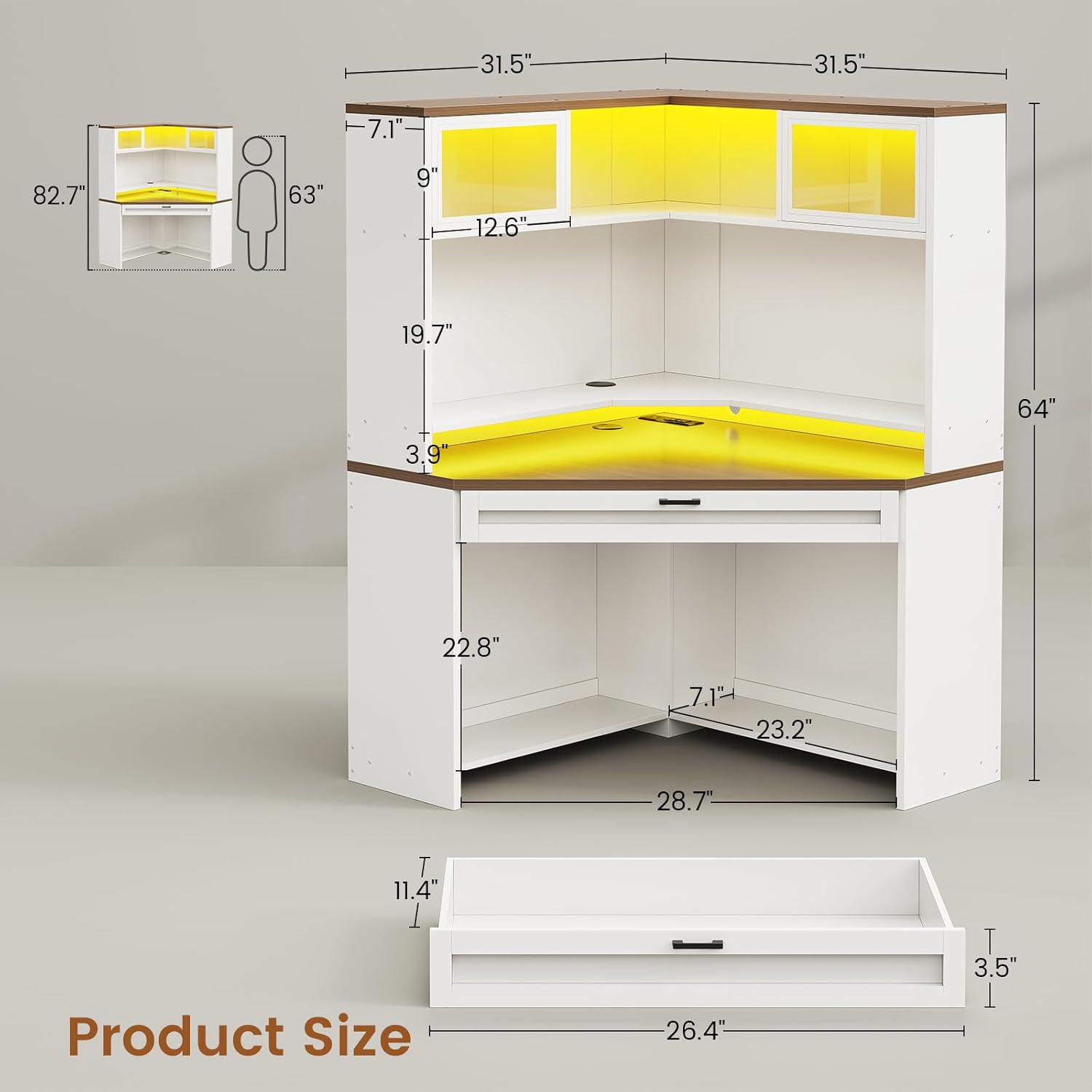 SEDETA 31.5" Corner Desk with Drawers, Small Office Computer Desk with Storage Shelves & Hutch for Small Space, Gaming Desk with LED Lights & Power Strip for Home Office, White + Brown