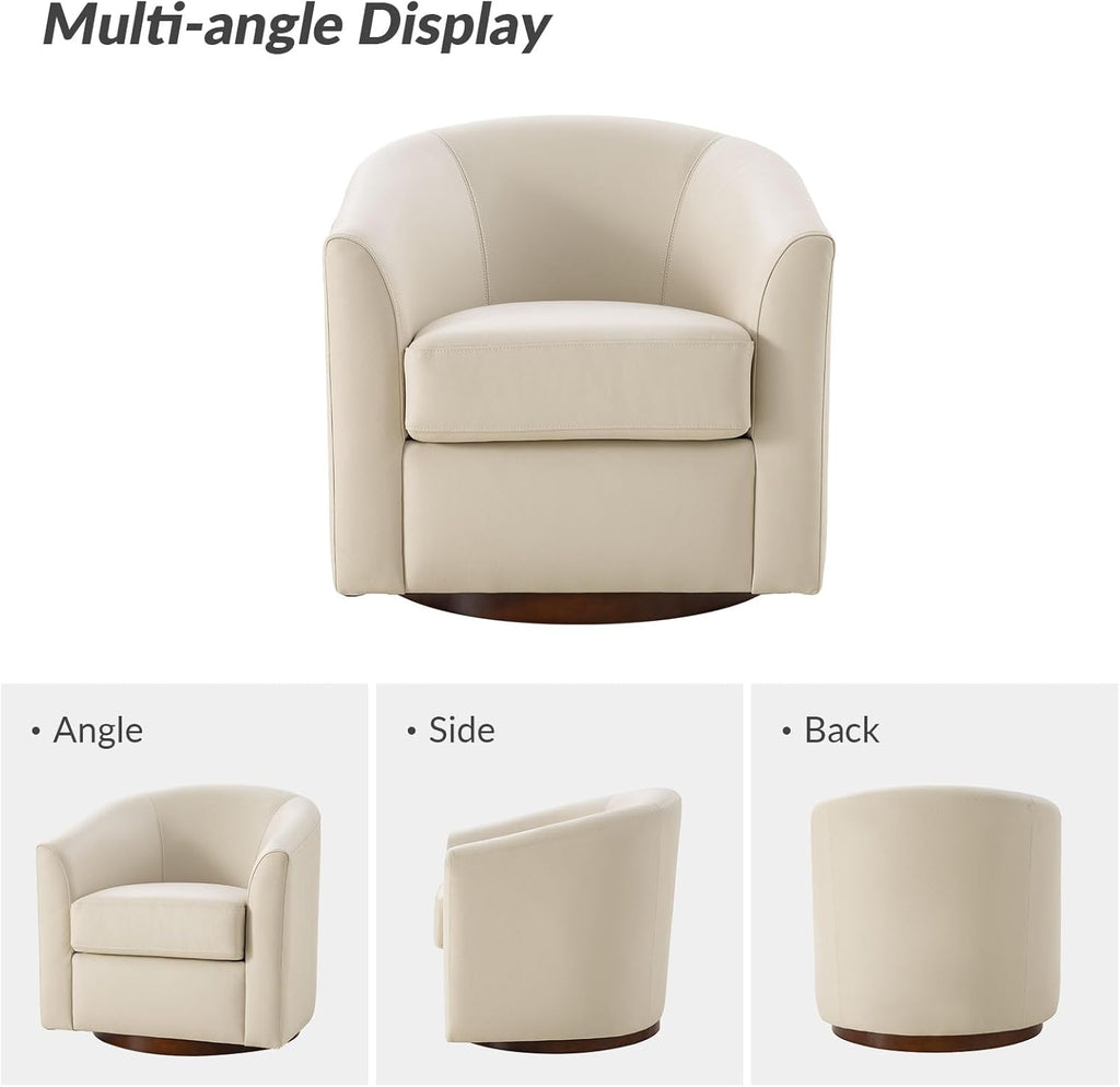 HULALA HOME Genuine Leather Swivel Barrel Chair, Round Swivel Accent Chair with Solid Wood Base, No Assembly Required, Beige