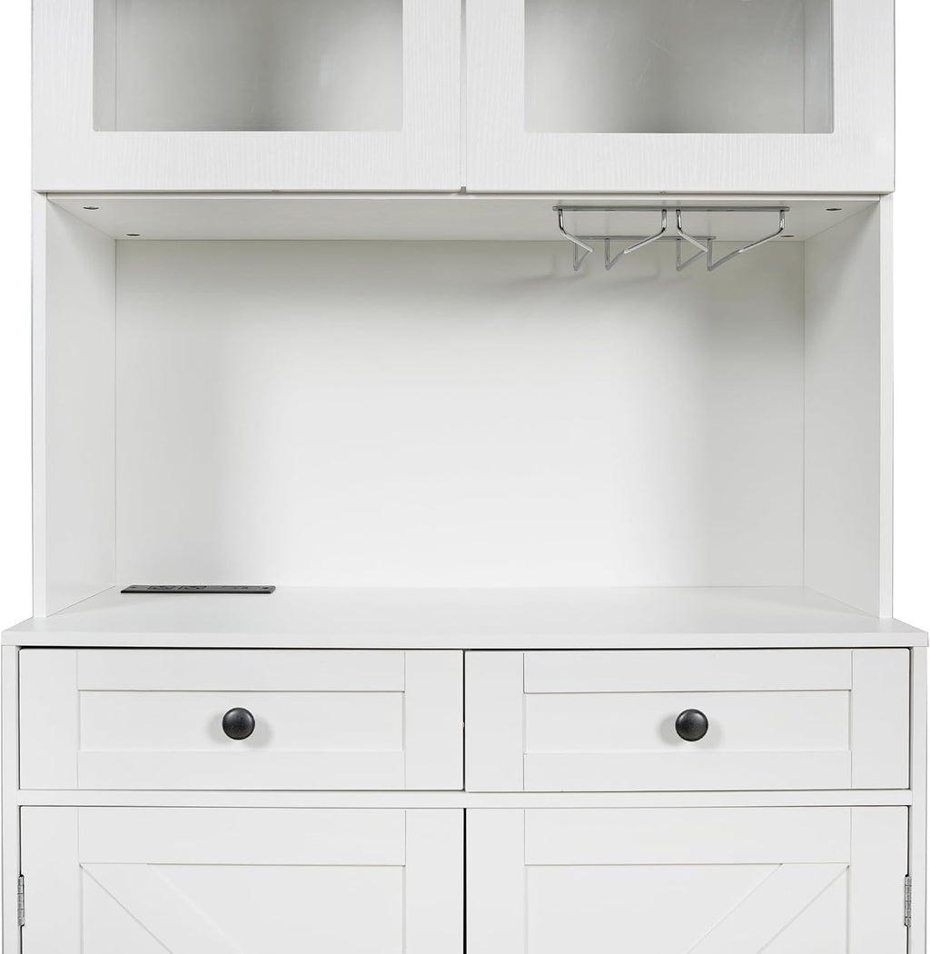75" Tall Arched Kitchen Pantry Cabinet with Charging Station, Farmhouse Hutch Storage Cabinet with 5-Tier Shelves and 2 Drawers, Home Bar White Cupboard for Kitchen, Dining Room, Living Room(White)