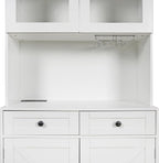 75" Tall Arched Kitchen Pantry Cabinet with Charging Station, Farmhouse Hutch Storage Cabinet with 5-Tier Shelves and 2 Drawers, Home Bar White Cupboard for Kitchen, Dining Room, Living Room(White)