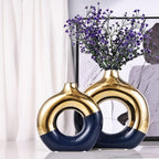 Flower Vase for Home Decor - Gold and Navy Blue Ceramic Vase Set of 2, Donut Vase for Blue Decor, Modern Boho Decorative Vase, Round Hollow Pampas Grass Vase, Dining Table, Mantel & Centerpiece