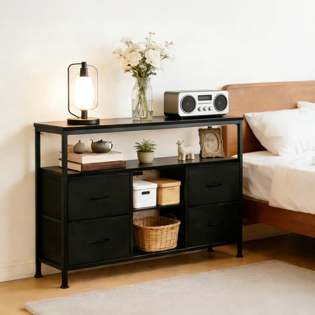 TV Stand Dresser for Bedroom, Entertainment Center with LED Lights & Charging Station, Media Console with 4 Fabric Drawers and Open Storage Shelves for Living Room, Black