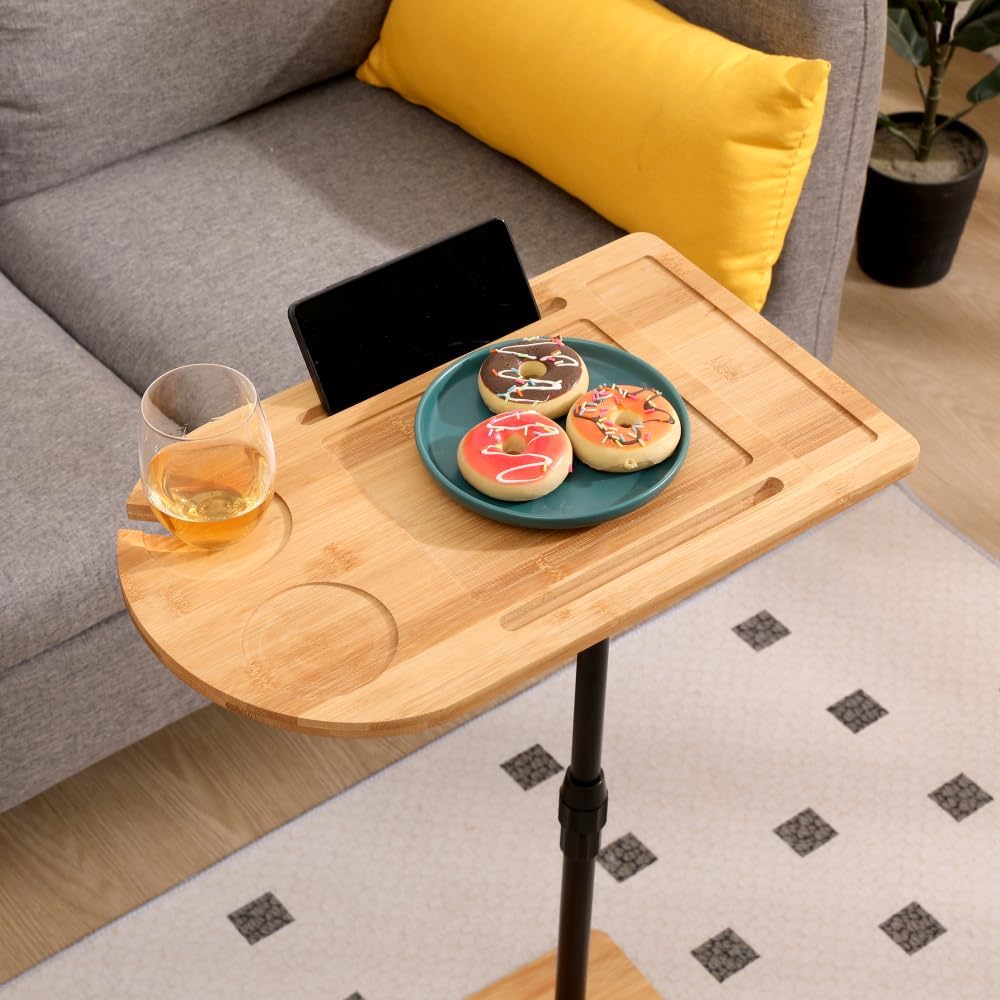 Bamboo Height Adjustable C-Shape Side Table, 360° Rotatable Sofa Tray Table with Cup Holder & Slots for Living Room, Bedroom (Oval)