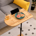 Bamboo Height Adjustable C-Shape Side Table, 360° Rotatable Sofa Tray Table with Cup Holder & Slots for Living Room, Bedroom (Oval)